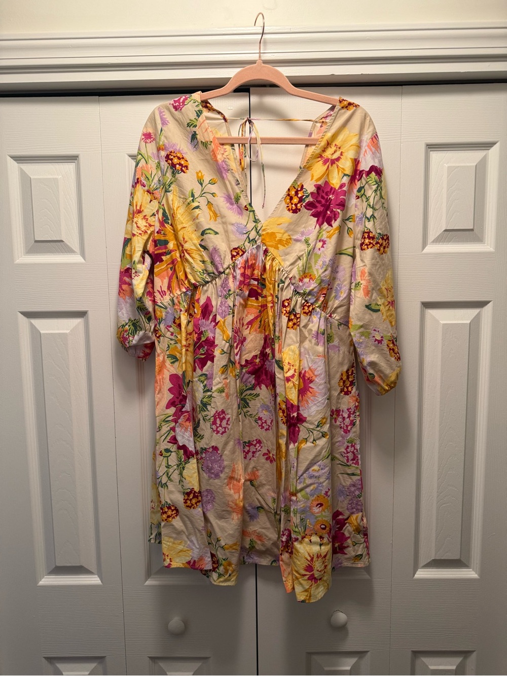 Floral V-Neck Mini Dress in Cream with Yellow & Pink Blooms